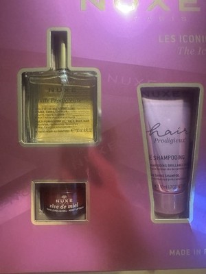 NUXE Geschenkset Les Iconiques Öl 50ml + Shampoo 50ml + Lippenbalsam 15 Ml Neu